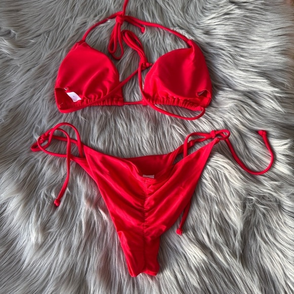 Red Micro Halter Bikini Set Ruched Back - Picture 5 of 7